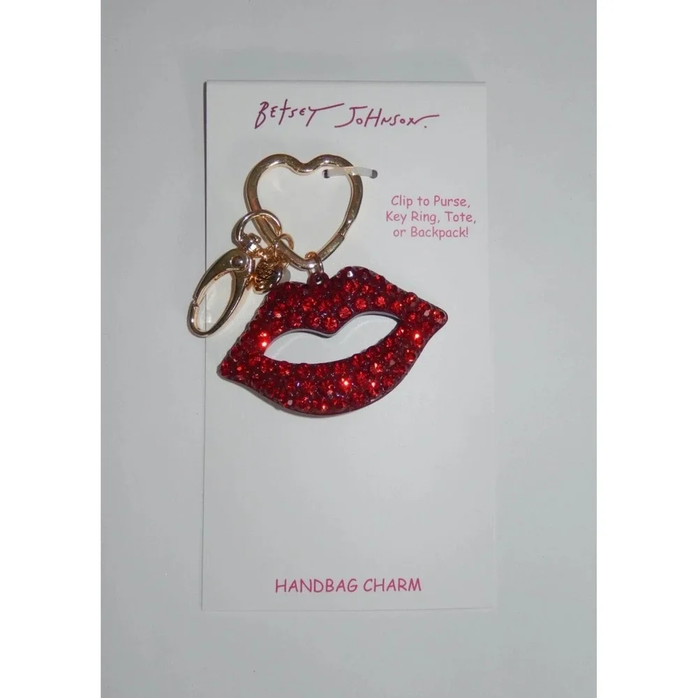 Authentic Betsey Johnson Red Lips Crystal Purse Bag Charm Clip Key Ring New